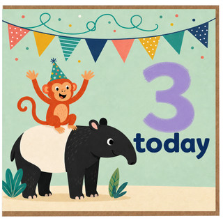 3rd Birthday Card, 3 Today Cute Monkey and Tapir Birthday Card