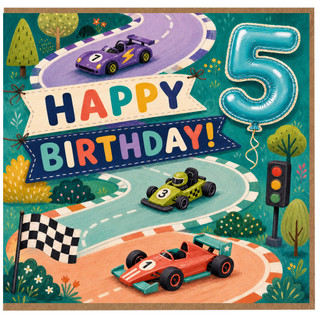 5th Birthday Card, Racing Cars Birthday Card, Happy 5th Birthday Card