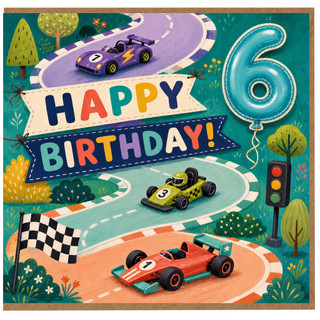 6th Birthday Card, Racing Cars Birthday Card