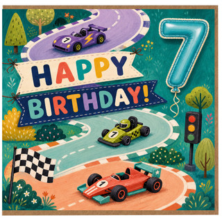 7th Birthday Card, Racing Cars Happy Birthday Card