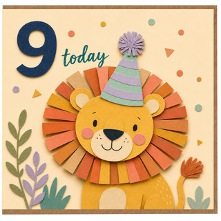 9th Birthday Card, Lion Party Hat Design