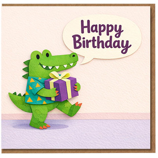 Happy Birthday Crocodile Card - Cute Alligator with Present, Speech Bubble Design - Fun Kids Birthday Greeting Card