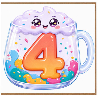 4th Birthday Card, Cute Mug Number 4 Birthday Card