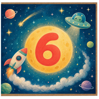 6th Birthday Card, Space Rocket and Alien Design
