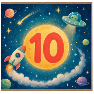 10th Birthday Card, Space Theme, Cute Alien and Rocket Design