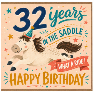 32nd Birthday Card, Funny Unicorn Birthday Card, In The Saddle What A Ride