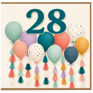 28th Birthday Card, Colourful Balloon and Tassel Design