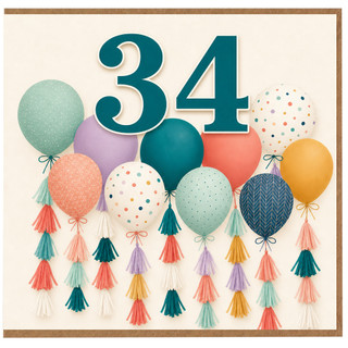 34th Birthday Card, Colourful Balloon Number 34 Card