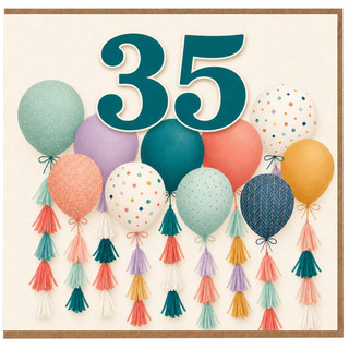 35th Birthday Card, Colourful Balloons and Tassels