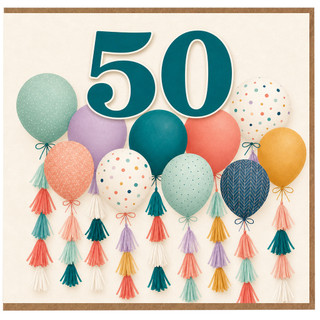 50th Birthday Card, Colourful Balloons and Tassels Celebration Card