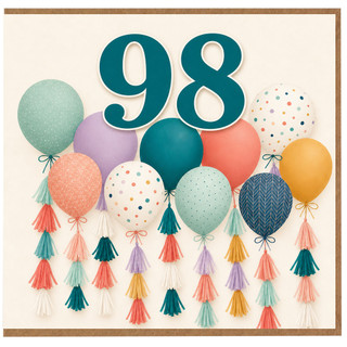 98th Birthday Card, Colourful Balloon and Tassel Design