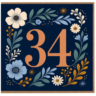 34th Birthday Card, Floral Botanical Age 34 Greeting Card