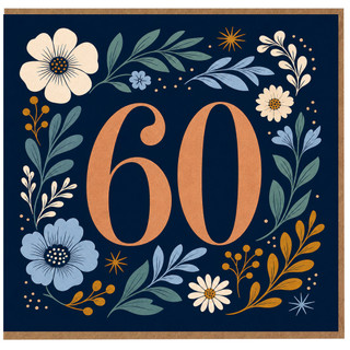 60th Birthday Card, Floral Navy Blue Design