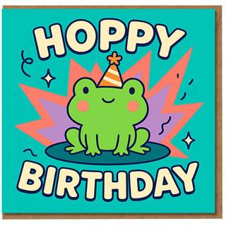 Funny Frog Birthday Card - Hoppy Birthday Pun - Cute Cartoon Toad with Party Hat - Blank Inside - For Friends, Family, Children or Adults