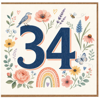 34th Birthday Card, Floral Number 34 Birthday Card