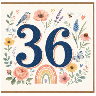 36th Birthday Card, Floral Bird and Butterfly Design