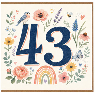 43rd Birthday Card, Floral Bird and Butterfly Design