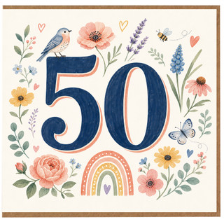 50th Birthday Card, Floral Bird and Butterfly Design