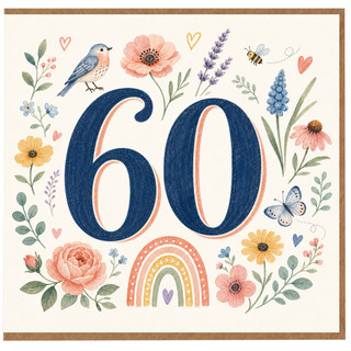 60th Birthday Card, Floral Bird and Butterfly Design