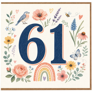 61st Birthday Card, Floral Watercolour Number 61 Birthday Card