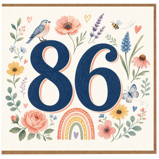 86th Birthday Card, Floral Bird and Butterfly Design
