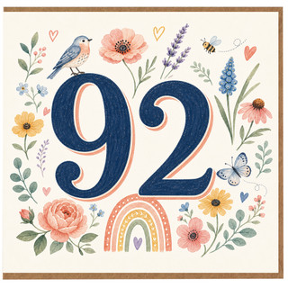 92nd Birthday Card, Floral Bird and Butterfly Design