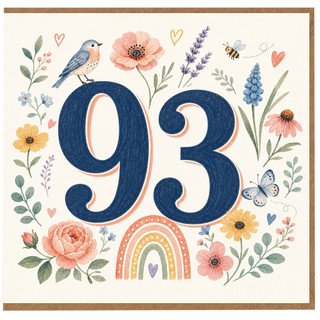 93rd Birthday Card, Floral Watercolour 93 Birthday Card with Bird, Butterflies and Flowers