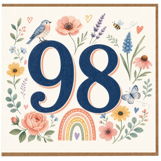 98th Birthday Card, Floral Number 98 Card with Bird, Butterflies and Rainbow