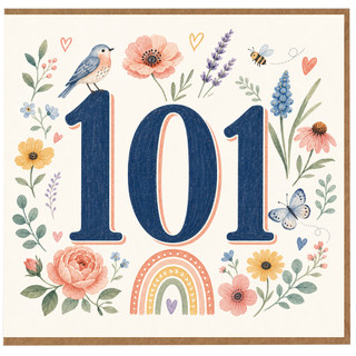 101st Birthday Card, Floral Bird and Butterfly Age 101 Card