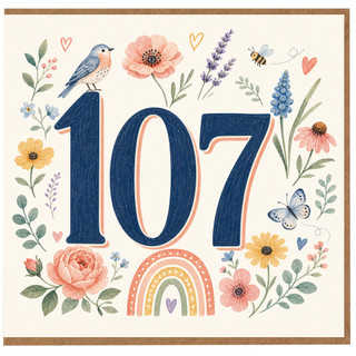 107th Birthday Card, Floral Bird and Butterflies Design