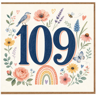 109th Birthday Card, Floral Bird and Butterfly Design
