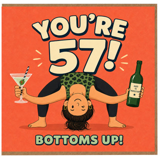57th Birthday Card, Funny Yoga Wine Card, Bottoms Up Birthday Card