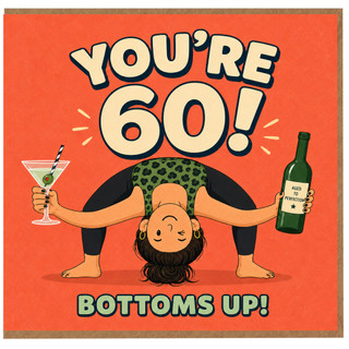 60th Birthday Card, Funny Yoga and Wine Birthday Card, Bottoms Up!