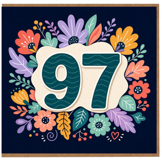 97th Birthday Card, Floral Wreath Number 97 Card
