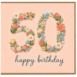 50th Birthday Card, Floral Happy Birthday Card with Pastel Flowers
