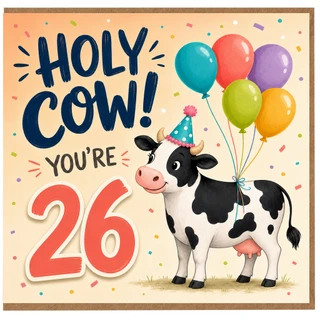 26th Birthday Card, Holy Cow You're 26 Cute Cow Birthday Card
