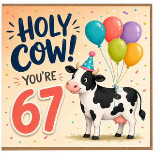 67th Birthday Card, Holy Cow You're 67 Cute Cow Balloon Design