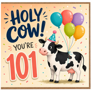 101st Birthday Card, Holy Cow You're 101 Cow and Balloons Card