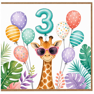 3rd Birthday Card, Giraffe and Balloons Jungle Themed Birthday Card