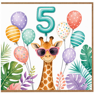 5th Birthday Card, Giraffe Birthday Card, Tropical Jungle Birthday Card