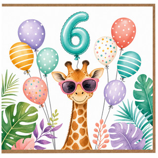 6th Birthday Card, Giraffe with Balloons and Tropical Leaves