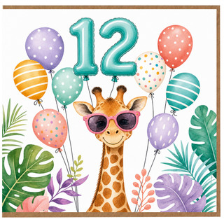 12th Birthday Card, Giraffe Jungle Balloons Card