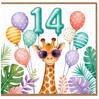 14th Birthday Card, Giraffe with Balloons and Sunglasses