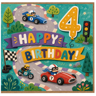 4th Birthday Card, Racing Cars Happy Birthday Card