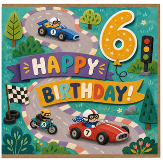 6th Birthday Card, Racing Cars Happy Birthday Card