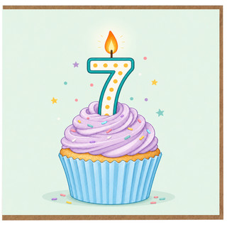 7th Birthday Card, Cute Cupcake Candle Card