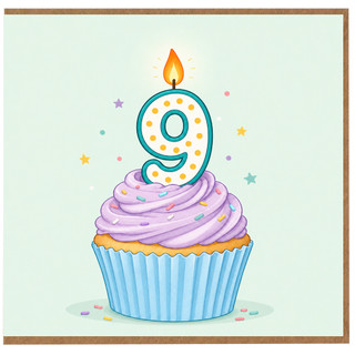 9th Birthday Card, Cute Cupcake Candle Design