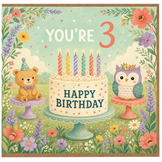3rd Birthday Card, Cute Teddy Bear and Owl Happy Birthday Card