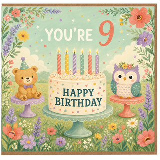 9th Birthday Card, Cute Teddy Bear and Owl Happy Birthday Card