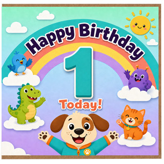 1st Birthday Card, Cute Rainbow Animals Happy Birthday Today Card